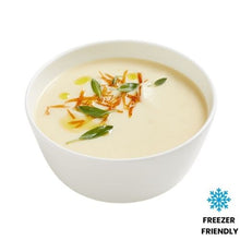 Load image into Gallery viewer, White soup in white bowl with freezer friendly logo
