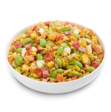 Load image into Gallery viewer, Colorful salad with bacon, corn, green beans, and other vegetables in a white bowl on a white background