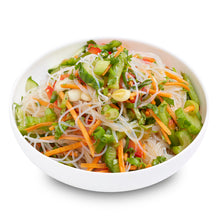 Load image into Gallery viewer, A bowl of glass noodles with a variety of Asian vegetables, including vermicelli noodles, green leafy vegetables, and sliced carrots, dressed with sesame oil dressing.