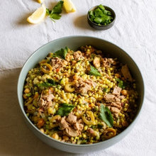 Load image into Gallery viewer, Bowl of salad with tuna and pasta on a white tablecloth