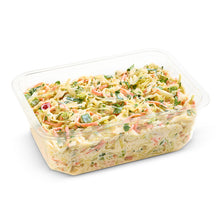 Load image into Gallery viewer, A clear plastic container filled with creamy coleslaw salad, featuring crisp cabbage, carrot, capsicum, and parsley.