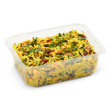 Load image into Gallery viewer, A clear plastic container filled with saffron rice salad topped with chopped parsley, presenting a vibrant and colorful salad with visible almonds and cranberries.