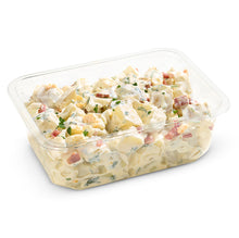 Load image into Gallery viewer, A clear plastic container filled with potato, egg, and bacon salad, topped with chopped parsley.
