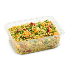 Load image into Gallery viewer, A clear plastic container filled with pumpkin couscous salad, garnished with mint.