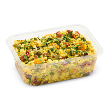 Load image into Gallery viewer, A plastic container filled with turmeric couscous salad, including pieces of cauliflower and cranberries, garnished with parsley.