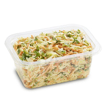 Load image into Gallery viewer, A clear plastic container filled with creamy coleslaw salad, including shredded cabbage, carrots, green capsicum, and parsley.