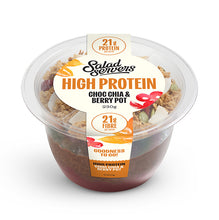 Load image into Gallery viewer, A clear plastic tub of Salad Servers High Protein Choc Chia & Berry Pot, showing a dark brown berry sauce layer at the bottom, granola on top, and a white paper label with orange and black text.
