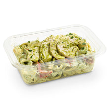 Load image into Gallery viewer, Container of creamy chicken basil penne salad topped with sliced poached chicken on a white background