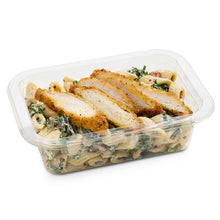Load image into Gallery viewer, Chicken Schnitzel Caesar Pasta dish with chicken and greens in a clear plastic container on a white background