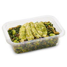 Load image into Gallery viewer, Container of food with green vegetables and sliced poached chicken on a white background