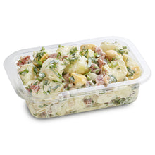 Load image into Gallery viewer, A clear plastic container filled with potato egg and bacon salad, garnished with herbs.