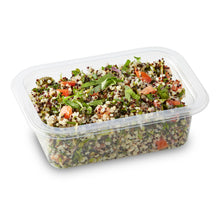 Load image into Gallery viewer, A clear plastic container filled with quinoa tabbouleh salad, featuring a mix of quinoa, red onion, tomato, and seeds, dressed with a lemon-based dressing.
