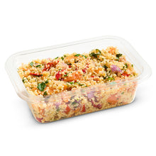 Load image into Gallery viewer, A clear plastic container filled with roasted vegetable couscous salad, including visible pieces of sweet potato, capsicum, and herbs.