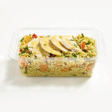 Load image into Gallery viewer, Salad with couscous, chicken, and vegetables in a clear plastic container on a white background