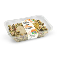 Load image into Gallery viewer, A clear plastic tub of Tabbouleh salad with visible mixed greens, beige grains, and a light dressing, photographed on a clean white background.