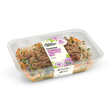 Load image into Gallery viewer, A clear plastic container vermicelli Thai Style Beef, containing shredded beef, vermicelli noodles, and orange carrot strips, with a white paper label wrapped around the centre.