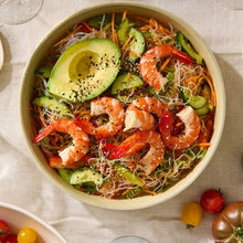 Load image into Gallery viewer, Glass Noodle w Asian Veg salad in a round bowl topped with fresh prawns, avocado and sesame seeds