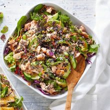 Load image into Gallery viewer, Japanese Salmon & Avocado Salad served in a white square dish with a wooden spoon