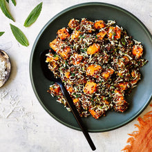 Load image into Gallery viewer, Pumpkin & Quinoa salad in a dark round bowl and black spoon