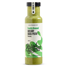 Load image into Gallery viewer, A bottle of Salad Servers Freshly Dressed Creamy Basil Pesto dressing, showing the green pesto through the clear bottle with a white label and black cap, on a white background.
