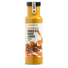 Load image into Gallery viewer, A bottle of Salad Servers Japanese Carrot & Ginger dressing, filled with a bright orange-yellow liquid, featuring a white label with orange graphics and a black cap, set against a plain white background.