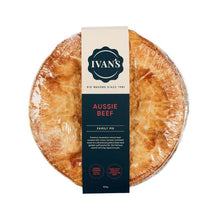Load image into Gallery viewer, Ivan's Aussie Beef Family Pie with packaging on a white background