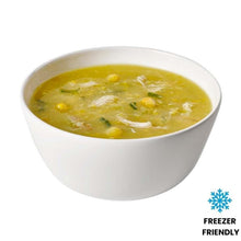 Load image into Gallery viewer, Bowl of Chicken and Corn soup with visible ingredients on a white background, featuring a 'Freezer Friendly' label.