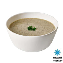 Load image into Gallery viewer, White bowl of Wild Mushroom soup with parsley on a white background, featuring a 'Freezer Friendly' label.