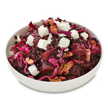 Load image into Gallery viewer, A bowl of black rice, beetroot, walnut, and feta salad with balsamic vinegar.