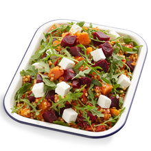 Load image into Gallery viewer, A serving suggestion of Chermoula Couscous with Beetroot, Feta and Rocket Salad, presented in a rectangular white dish with a blue rim, containing couscous, roasted pumpkin pieces, chopped rocket leaves, and feta cheese.