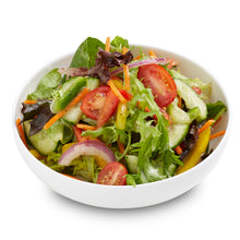 Load image into Gallery viewer, A fresh garden salad consisting of mixed lettuce, tomato, capsicum, cucumber, carrot, and onion, served in a white bowl.
