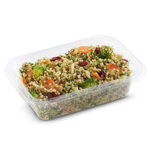 Load image into Gallery viewer, A clear plastic container filled with Herby quinoa and broccoli salad topped with tahini dressing.