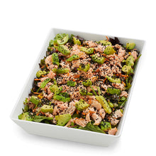 Load image into Gallery viewer, A large white serving dish containing Japanese salmon & Avocado salad drizzled with dressing, garnished with sesame seeds.