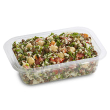 Load image into Gallery viewer, A plastic container filled with lentil salad, featuring visible chickpeas, tomatoes, and herbs.