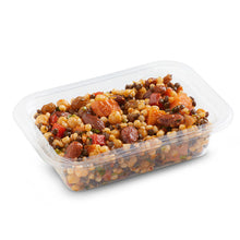 Load image into Gallery viewer, A clear plastic container filled with spiced Israeli couscous salad, including visible ingredients such as lentils, chickpeas, sweet potato, sultanas, and almonds.