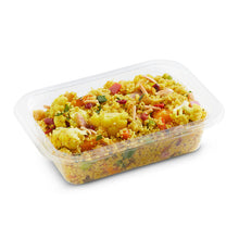Load image into Gallery viewer, A clear plastic container filled with sweet potato and cauliflower moroccan couscous salad.