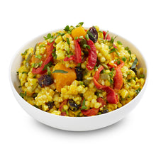 Load image into Gallery viewer, A bowl of turmeric couscous salad with ingredients including diced cauliflower, roasted red capsicum, pumpkin, pepitas, cranberries, and parsley.