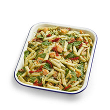 Load image into Gallery viewer, A serving dish containing penne pasta with roasted pumpkin, spinach, and a pesto mayonnaise sauce.
