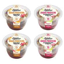Load image into Gallery viewer, Four Salad Servers high protein powder cups arranged in a 2x2 grid on a white background. The cups contain different flavours: Choc &amp; Berry Pot, Strawberry Oats &amp; Chia Po.
