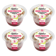 Load image into Gallery viewer, Four clear plastic tubs of Salad Servers High Protein Strawberry Oats &amp; Chia Pot arranged in a 2x2 grid on a white background.
