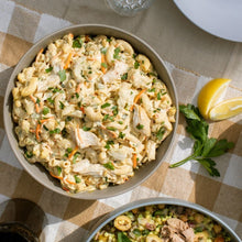 Load image into Gallery viewer, Grey bowl with pasta salad on a checked table cloth
