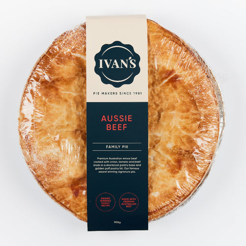Ivan's Aussie Beef Family Pie on a white background
