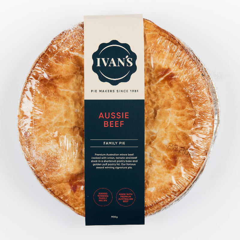 Ivan's Aussie Beef Family Pie on a white background
