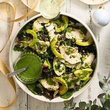 Load image into Gallery viewer, Green Goddess Chicken Leafy salad in white bowl with green dressing
