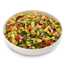 Load image into Gallery viewer, Colourful salad with vegetables and tuna in a white bowl on a white background
