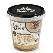 Load image into Gallery viewer, Container of Salad Servers mushrooms and white bean soup with a black lid on a white background
