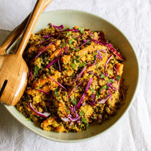Load image into Gallery viewer, Oven Roasted Vegetables with Honey Mustard Salad on a grey dish on white tablecloth with salad servers
