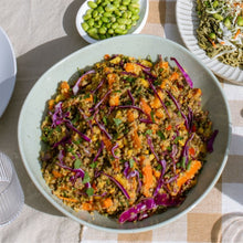 Load image into Gallery viewer, Oven Roasted Vegetables with Honey Mustard Salad on a grey dish on white tablecloth with checked runner
