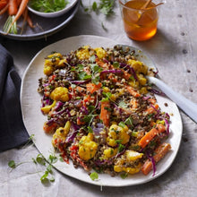 Load image into Gallery viewer, Oven Roasted Vegetables with Honey Mustard Salad on a white dish on grey marble
