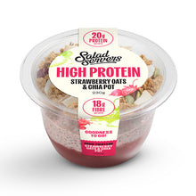 Load image into Gallery viewer, A clear plastic tub of Salad Sempers High Protein Strawberry Oats &amp; Chia Pot, showing layers of red strawberry chia pudding, white granola, and green chia seeds on a white background.
